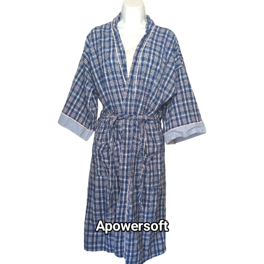 Blue Plaid Seersucker Robe - Picture 1 of 8